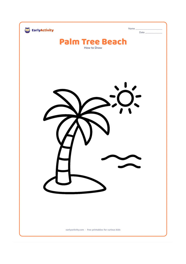 Worksheet: Show one palm tree with a curved trunk and five large leaves beside a simple sandy ground line, a small sun and two gentle waves in the distance.