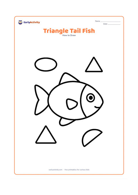 Worksheet: Show a medium-sized fish built from a rounded oval body, two triangular tail sections, two fins, and a round eye. Place a few separate oval, triangle, and curved-line practice shapes…