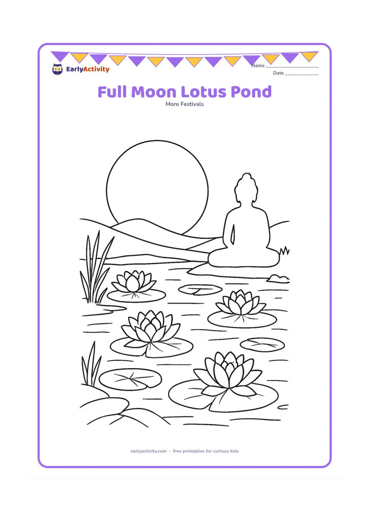 Colouring page: A large full moon rises over a pond filled with lotus flowers and leaves, while a seated Buddha silhouette rests on the bank. Add reeds and low hills around the water.