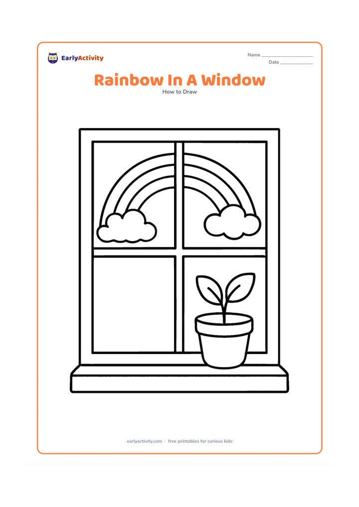 Worksheet: A simple four-pane window shows a large rainbow and two clouds in the sky outside. Include a broad windowsill with one round plant pot, using large shapes that are easy to trace.