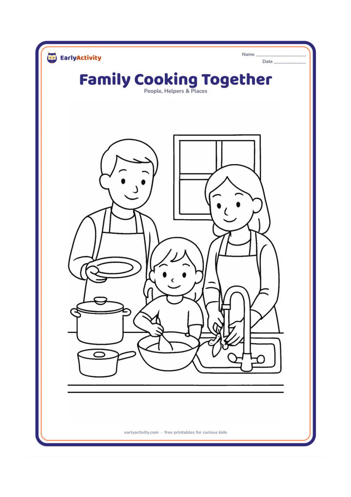 Colouring page: Show three family members preparing food together in a home kitchen: one stirs a bowl, one washes vegetables and one carries a plate. Include a counter, pots and a window.
