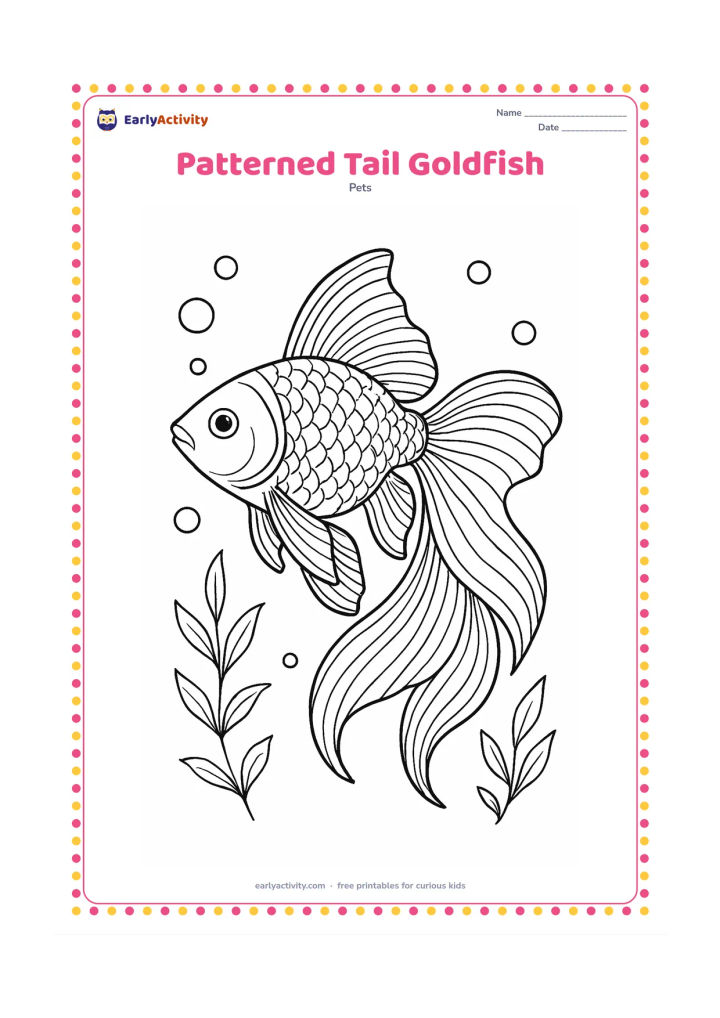 Colouring page: Draw one large goldfish in profile with an elaborate flowing tail, layered fins, curved gill cover and repeating fan-like patterns inside the fins. Surround it with delicate bubbles and…