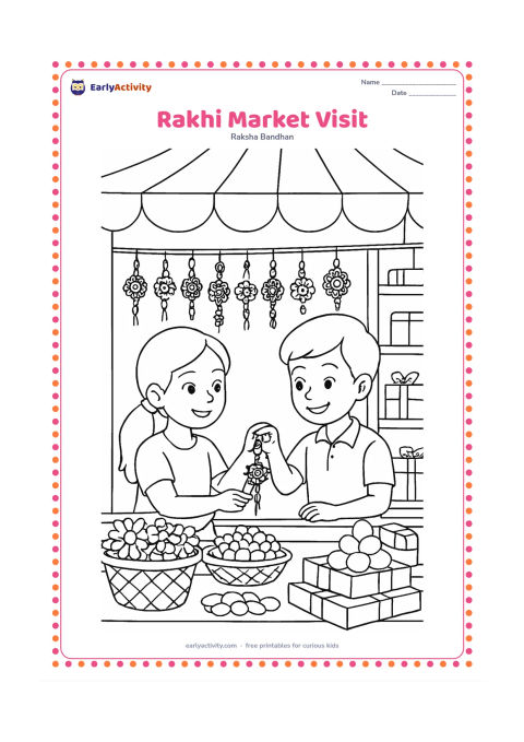 Colouring page: Two siblings visit an Indian market stall displaying many different rakhis, flowers, sweets and plain gift boxes, while one child chooses a rakhi with help from the other. Show fabric…