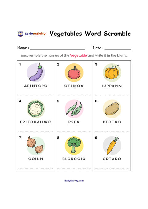 Worksheet with nine illustrated vegetables and scrambled letters for children to unscramble and write: eggplant, tomato, pumpkin, cauliflower, peas, potato, onion, broccoli, and carrot.