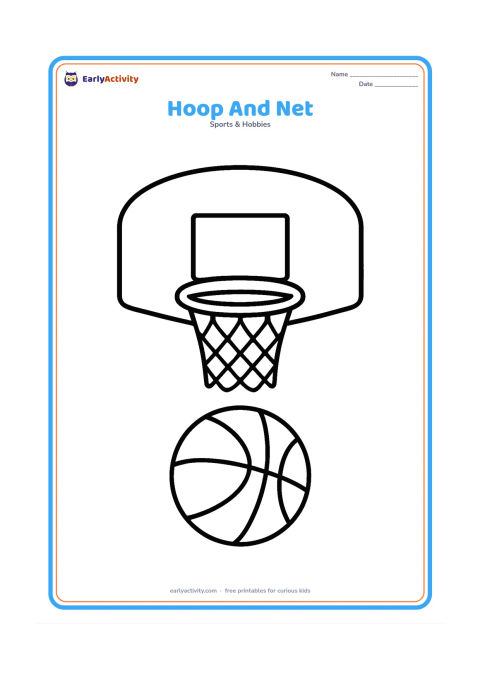 Colouring page: A front-facing basketball hoop with a wide backboard, round rim, hanging net, and one large ball below it. Keep the composition uncluttered.