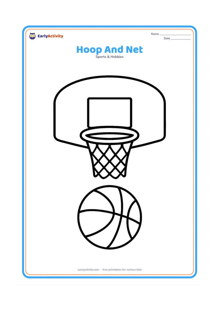 Colouring page: A front-facing basketball hoop with a wide backboard, round rim, hanging net, and one large ball below it. Keep the composition uncluttered.