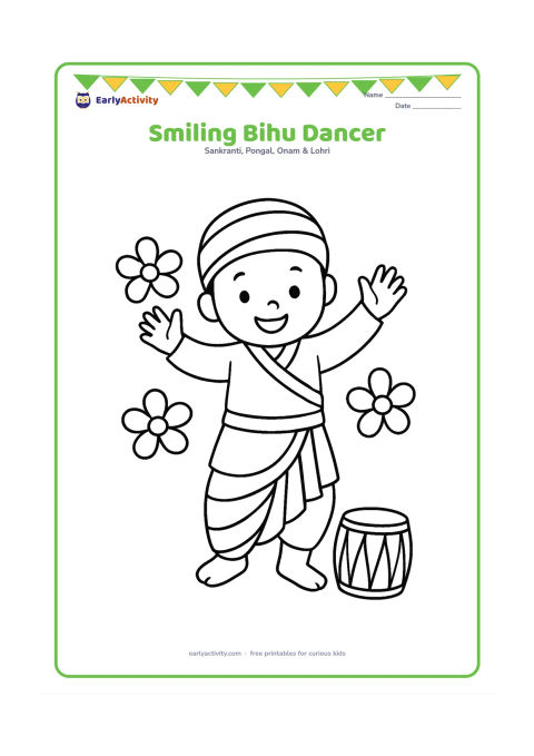 Colouring page: Draw one cheerful child in Assamese festival clothing standing with both arms raised in a simple Bihu dance pose. Add a few large flowers and a small drum at the child's feet.