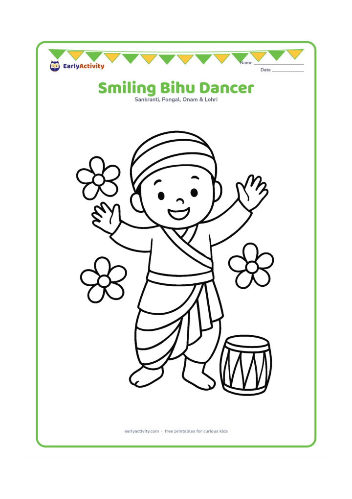 Colouring page: Draw one cheerful child in Assamese festival clothing standing with both arms raised in a simple Bihu dance pose. Add a few large flowers and a small drum at the child's feet.