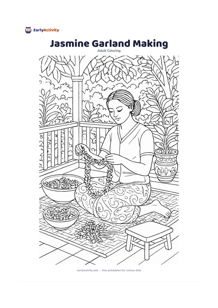 Colouring page: Draw an adult seated on a verandah weaving jasmine flowers into a garland, with bowls of blossoms, loose green stems and potted plants around them. Include a low stool, woven mat and a…