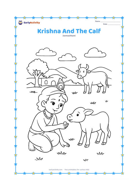 Colouring page: Draw Krishna kneeling to feed a small calf from his hand in a village field. Add a larger cow in the distance, a mud house, a tree and low hills.