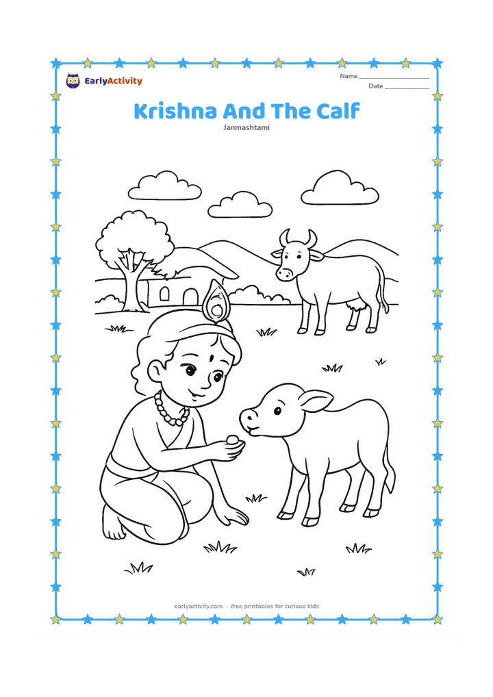 Colouring page: Draw Krishna kneeling to feed a small calf from his hand in a village field. Add a larger cow in the distance, a mud house, a tree and low hills.