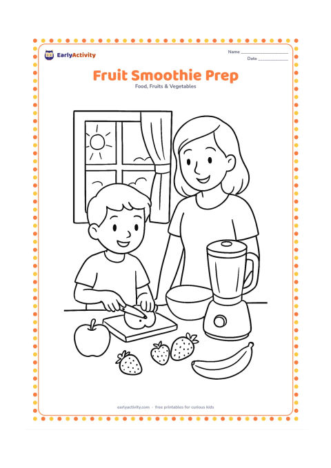 Colouring page: A child and an adult preparing fruit at a kitchen counter with an apple, banana, strawberries, a bowl, and a covered blender, with a window showing morning light.
