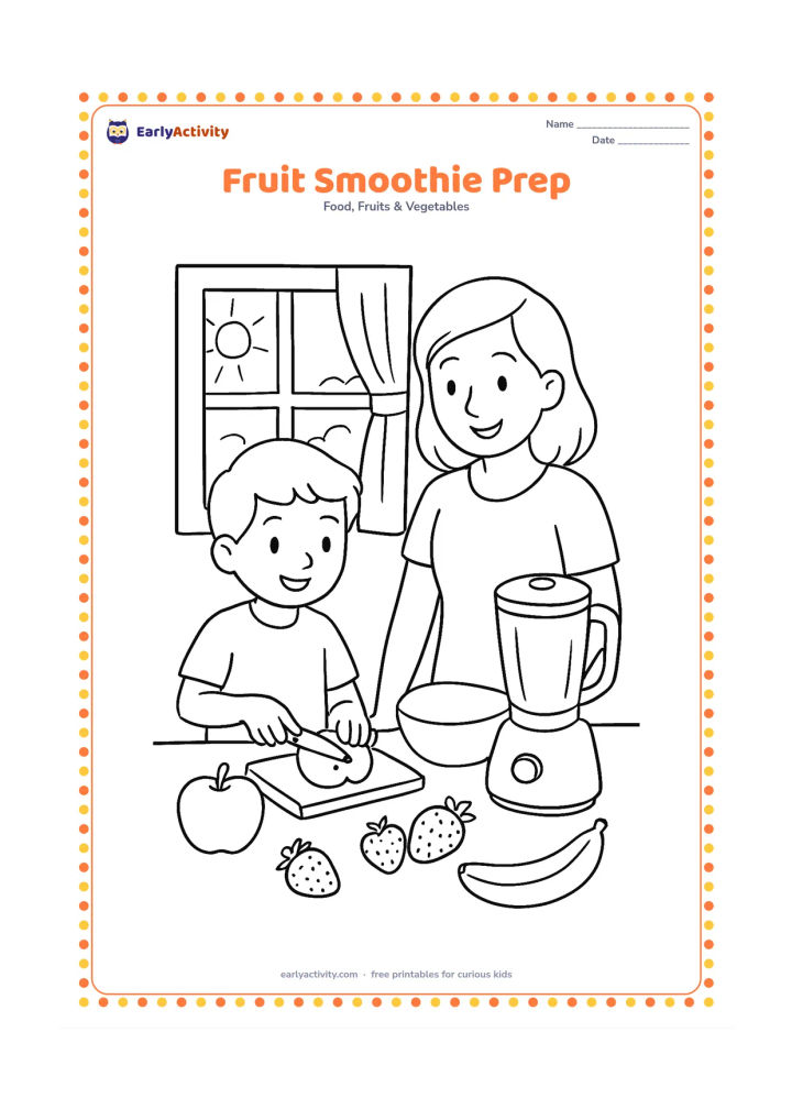 Colouring page: A child and an adult preparing fruit at a kitchen counter with an apple, banana, strawberries, a bowl, and a covered blender, with a window showing morning light.