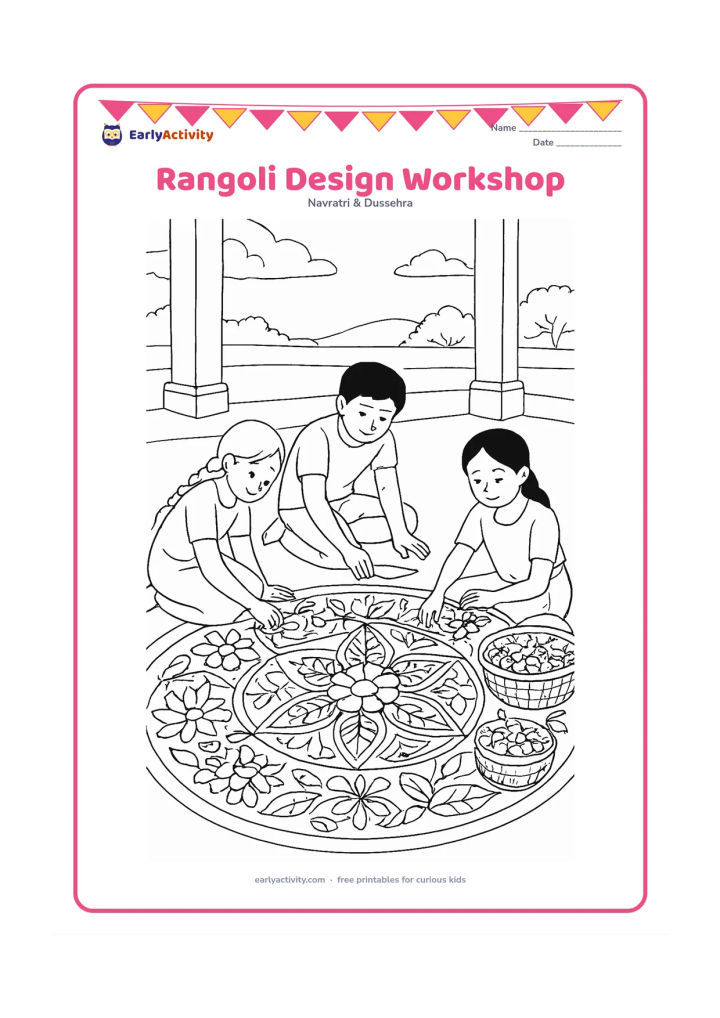 Colouring page: Draw three children creating a large floor rangoli together: one places petals, one traces a geometric section, and one sorts flowers into baskets. Include several overlapping floral,…