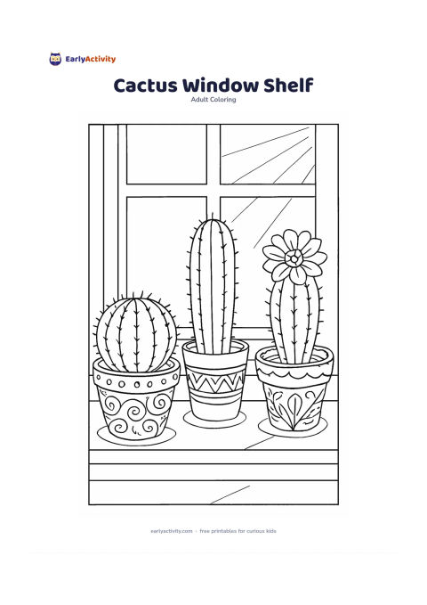 Colouring page: Draw a collection of different potted cacti on a sunny window shelf: a round cactus, a tall column cactus, and a flowering cactus. Include simple window panes and small shadows cast…