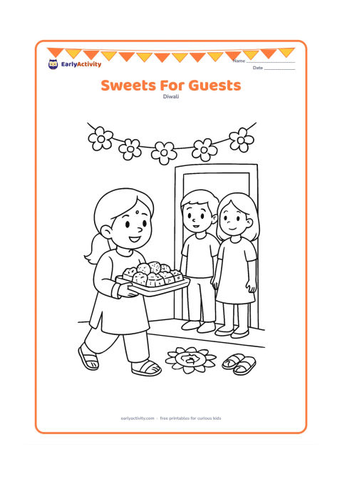 Colouring page: A child in festive clothes carries a tray of assorted Indian sweets toward two visiting friends at an open doorway. Include a small rangoli, a flower garland and a pair of sandals near…