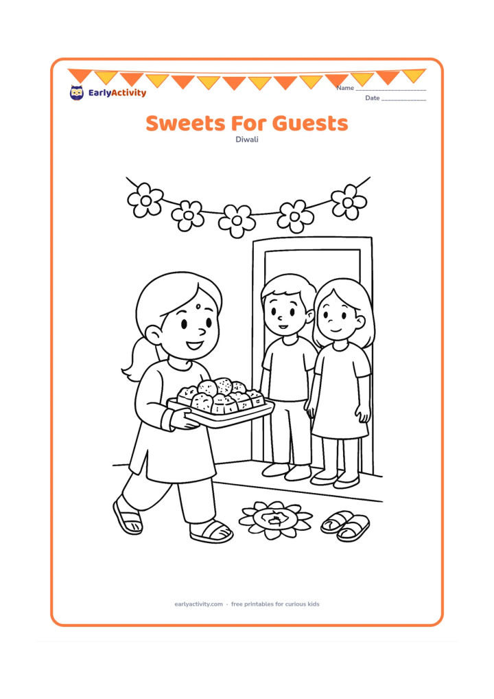 Colouring page: A child in festive clothes carries a tray of assorted Indian sweets toward two visiting friends at an open doorway. Include a small rangoli, a flower garland and a pair of sandals near…