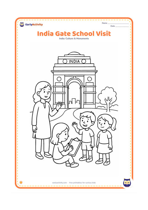Colouring page: Draw a teacher and a small group of children visiting India Gate, with one child sketching the arch on a blank sheet held on a clipboard. Add a path, trees and a simple city skyline in…