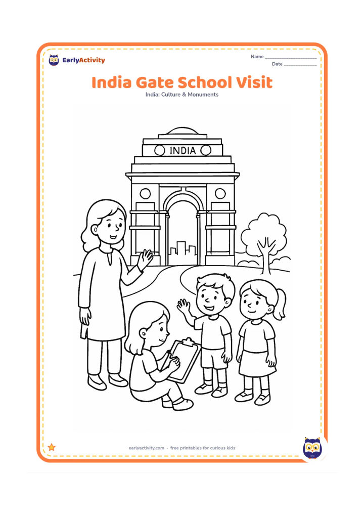 Colouring page: Draw a teacher and a small group of children visiting India Gate, with one child sketching the arch on a blank sheet held on a clipboard. Add a path, trees and a simple city skyline in…