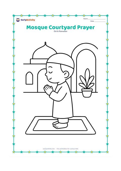 Colouring page: A child stands on a prayer mat in a quiet mosque courtyard, with a domed building, one arch and a potted plant behind. Show the child in a respectful prayer posture from the side.