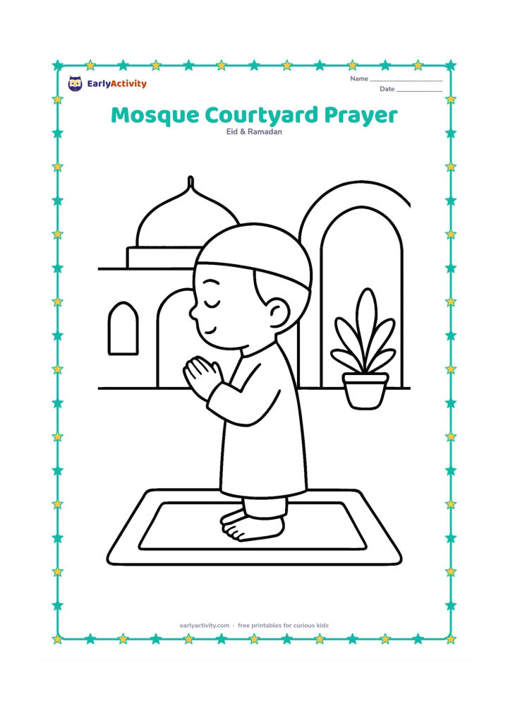 Colouring page: A child stands on a prayer mat in a quiet mosque courtyard, with a domed building, one arch and a potted plant behind. Show the child in a respectful prayer posture from the side.