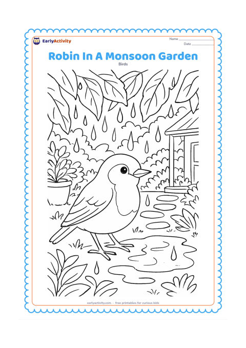 Colouring page: Draw a robin perched beneath broad leaves in a lush garden after rain, with a puddle, dripping leaves, stepping stones, potted plants and a small covered veranda in the background.