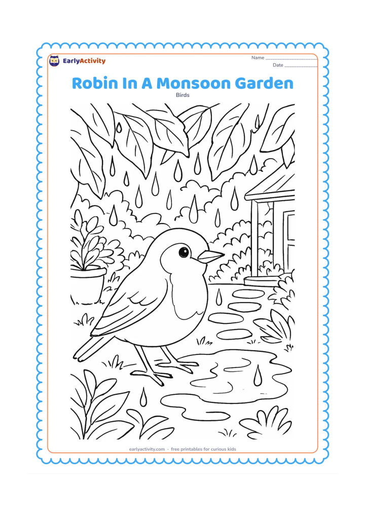 Colouring page: Draw a robin perched beneath broad leaves in a lush garden after rain, with a puddle, dripping leaves, stepping stones, potted plants and a small covered veranda in the background.