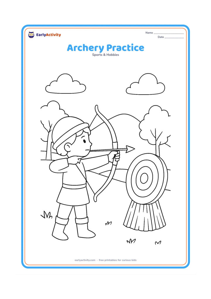 Colouring page: A young archer stands sideways and aims a bow at a round target on a straw stand, with a few trees and hills behind. Show the arrow pointed toward the target without adding scoring…