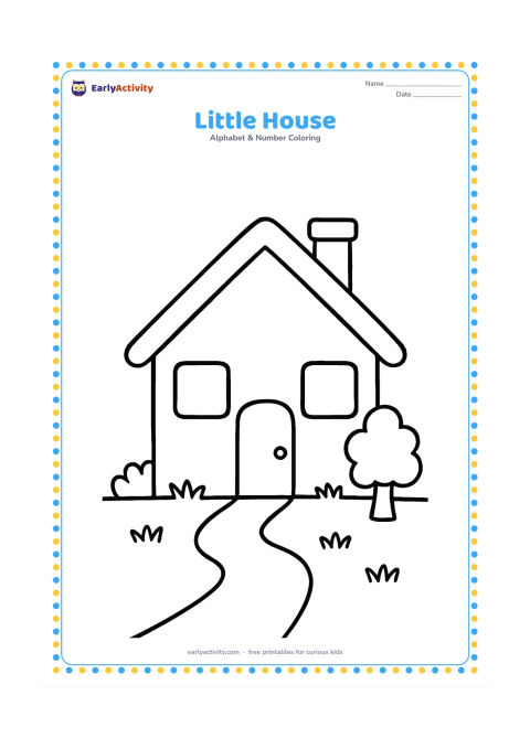 Colouring page: A simple house with a triangular roof, one door, two windows, a chimney, and a short path, surrounded by grass and one small tree. The windows and door must be blank with no signs or…