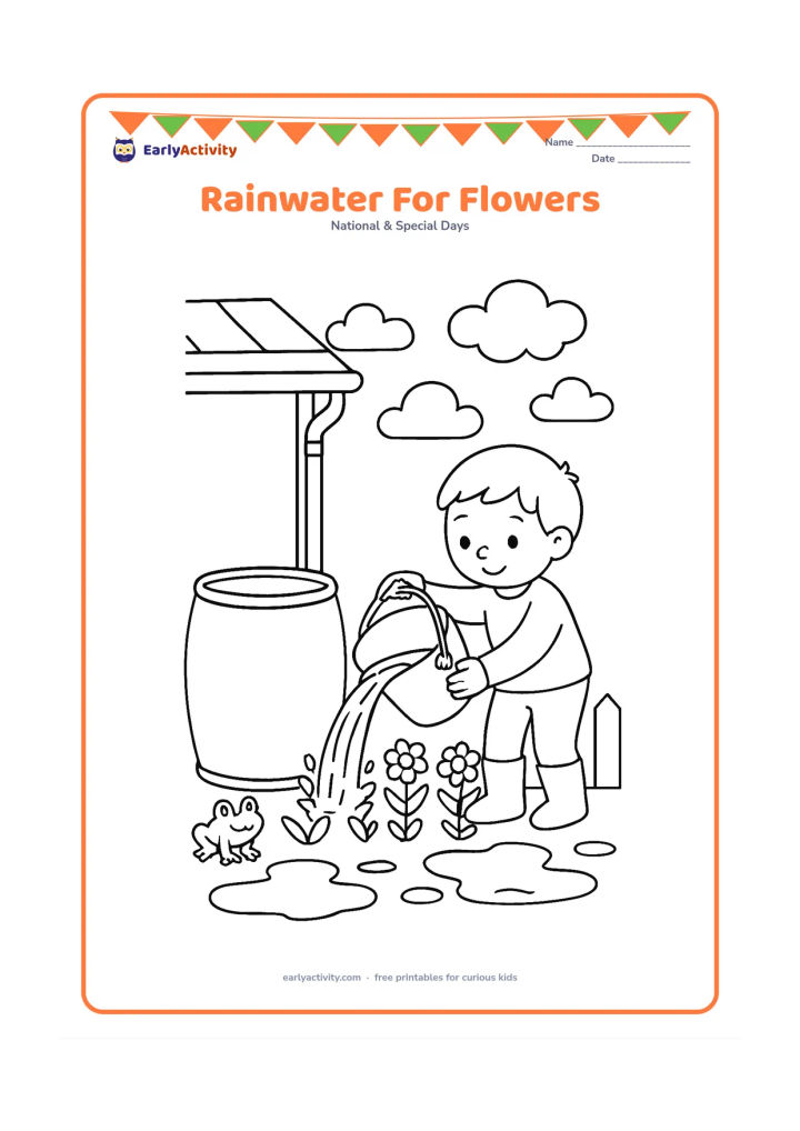 Colouring page: Draw a child collecting rainwater in a large barrel beneath a roof gutter, then pouring it into a row of flowering plants. Include puddles, clouds, a frog and a small garden fence.