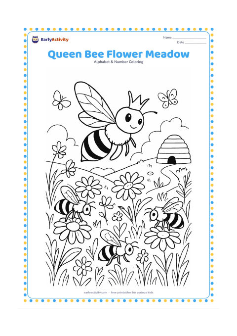 Colouring page: A queen bee flies above a detailed meadow while worker bees gather nectar from different flowers. Include a distant hive, layered grasses, butterflies, and a winding garden path.