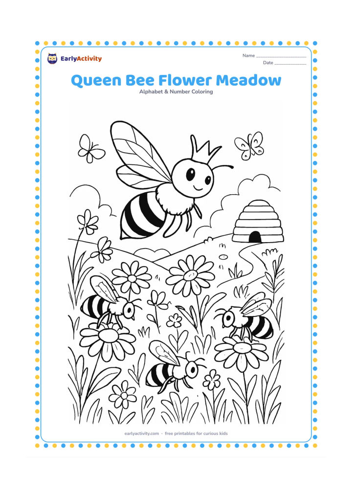 Colouring page: A queen bee flies above a detailed meadow while worker bees gather nectar from different flowers. Include a distant hive, layered grasses, butterflies, and a winding garden path.