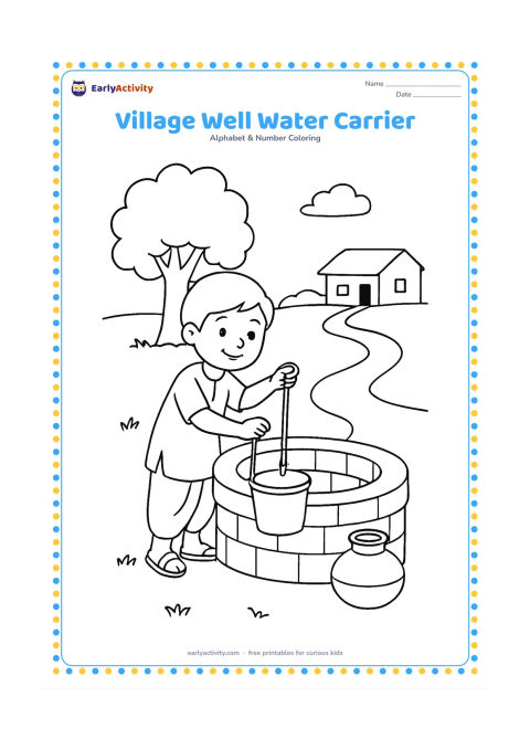 Colouring page: Draw a child in simple Indian clothing lowering a bucket into a stone well, with a second water pot resting nearby. Add a tree, a low village house, and a winding path in the background.