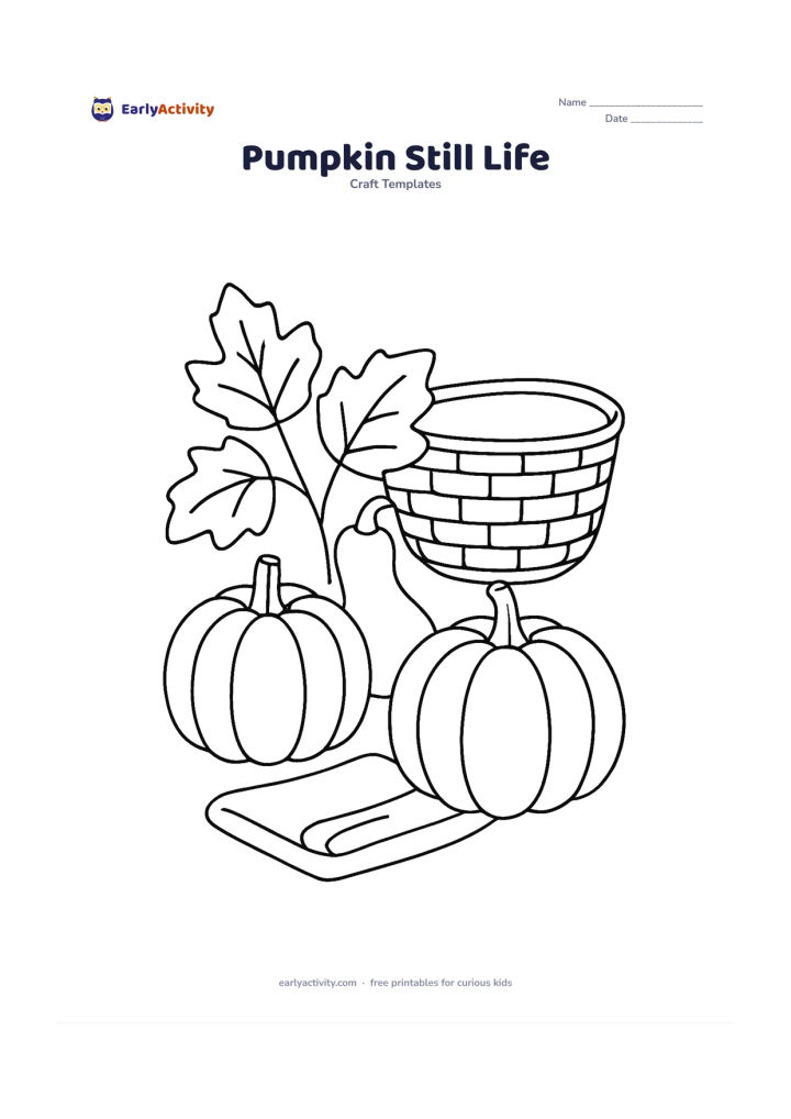 Worksheet: Arrange two pumpkins, a gourd-shaped pumpkin, broad leaves, a woven basket, and a folded cloth as a printable still life. Use clear layered outlines and open surfaces for mixed-media…