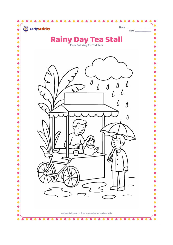 Colouring page: Draw a small roadside tea stall under a broad awning, with a vendor pouring tea into a cup and a customer holding an umbrella nearby. Add a bicycle, steaming kettle, puddles, banana…