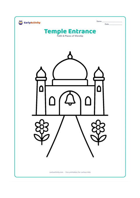 Colouring page: A friendly temple building with a wide doorway, one rounded dome, two small side towers and a clear pathway leading to the entrance. Add a few simple flower plants and a hanging bell…