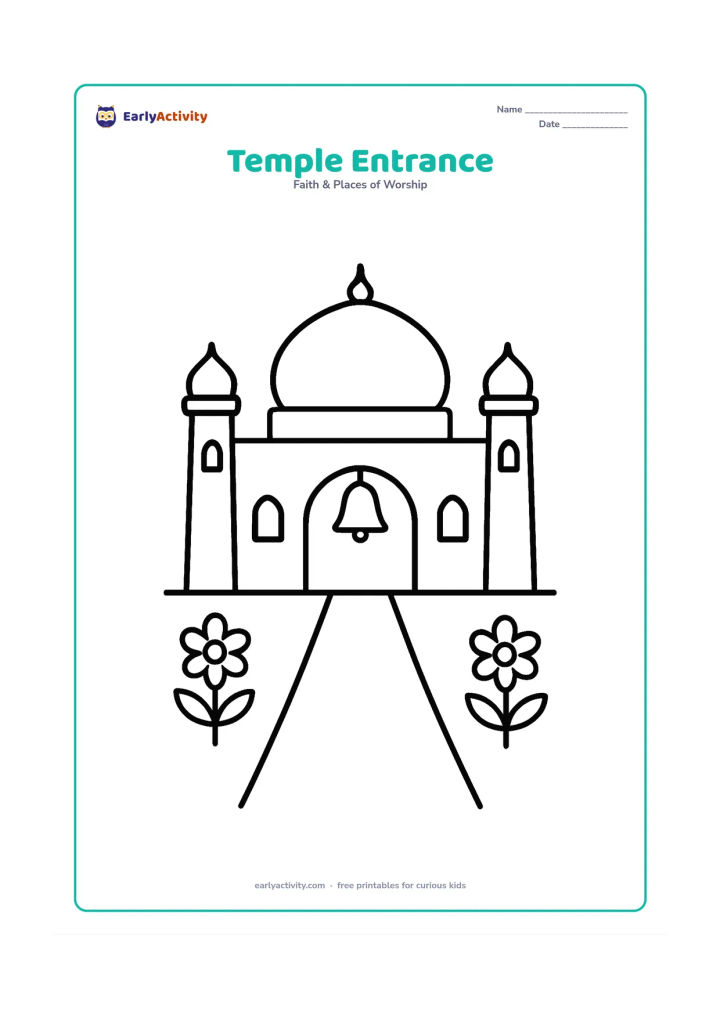 Colouring page: A friendly temple building with a wide doorway, one rounded dome, two small side towers and a clear pathway leading to the entrance. Add a few simple flower plants and a hanging bell…