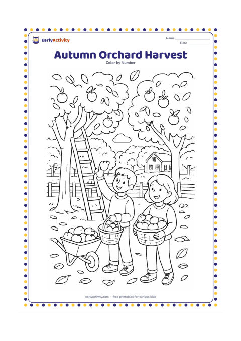 Colouring page: Draw two children collecting apples into baskets in an orchard, with a ladder leaning against a tree. Include rows of trees, fallen leaves, a wheelbarrow, a wooden fence, and a farmhouse…