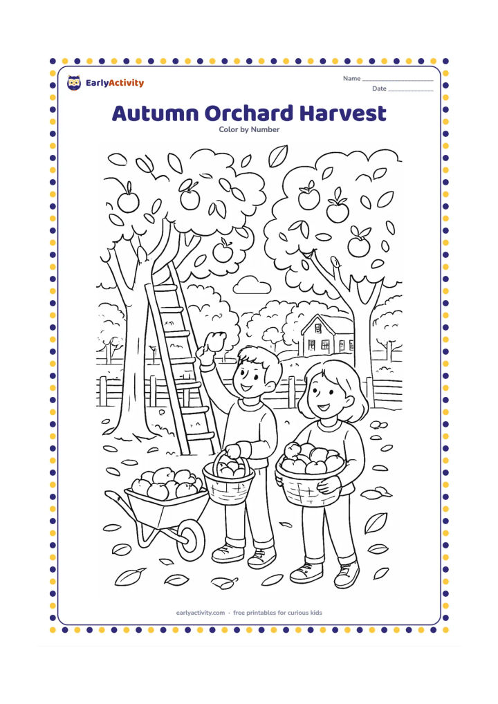 Colouring page: Draw two children collecting apples into baskets in an orchard, with a ladder leaning against a tree. Include rows of trees, fallen leaves, a wheelbarrow, a wooden fence, and a farmhouse…