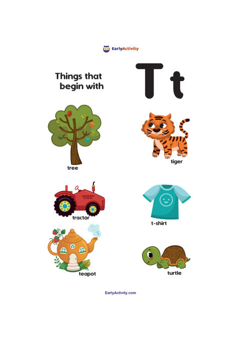 Worksheet showing the letter T and six labelled pictures: a tree, tiger, tractor, t-shirt, teapot and turtle.
