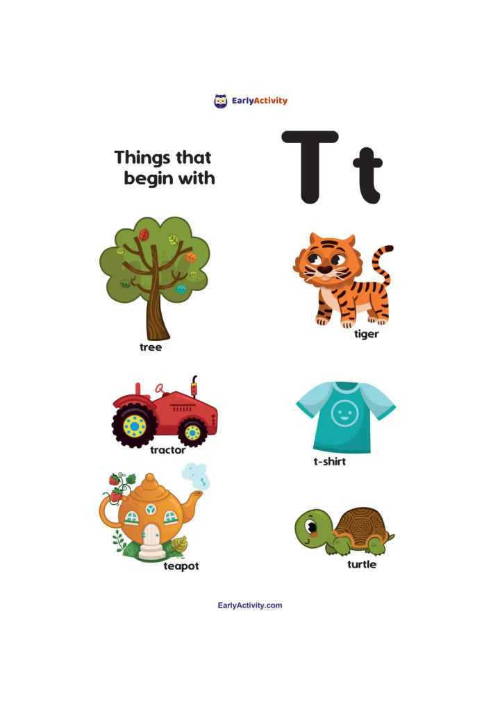 Worksheet showing the letter T and six labelled pictures: a tree, tiger, tractor, t-shirt, teapot and turtle.