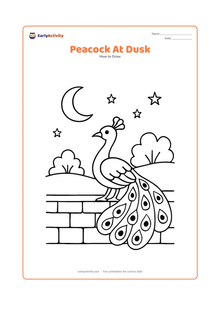 Worksheet: A peacock perches on a low stone wall at dusk with a crescent moon, a few stars, distant trees and an open tail behind it. The bird's silhouette and curved neck should remain easy to…
