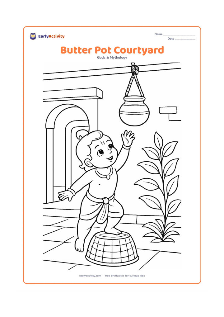 Colouring page: Baby Krishna reaches up toward a hanging matki in an Indian courtyard, standing on a low overturned basket, with a rope, doorway and leafy plant around him. Show the pot safely within…