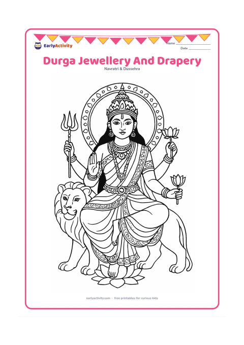 Colouring page: Show a graceful seated Durga figure with her lion, focusing on detailed sari borders, layered jewellery, crown ornaments, lotus flowers, and a decorated halo. Keep the pose calm and the…