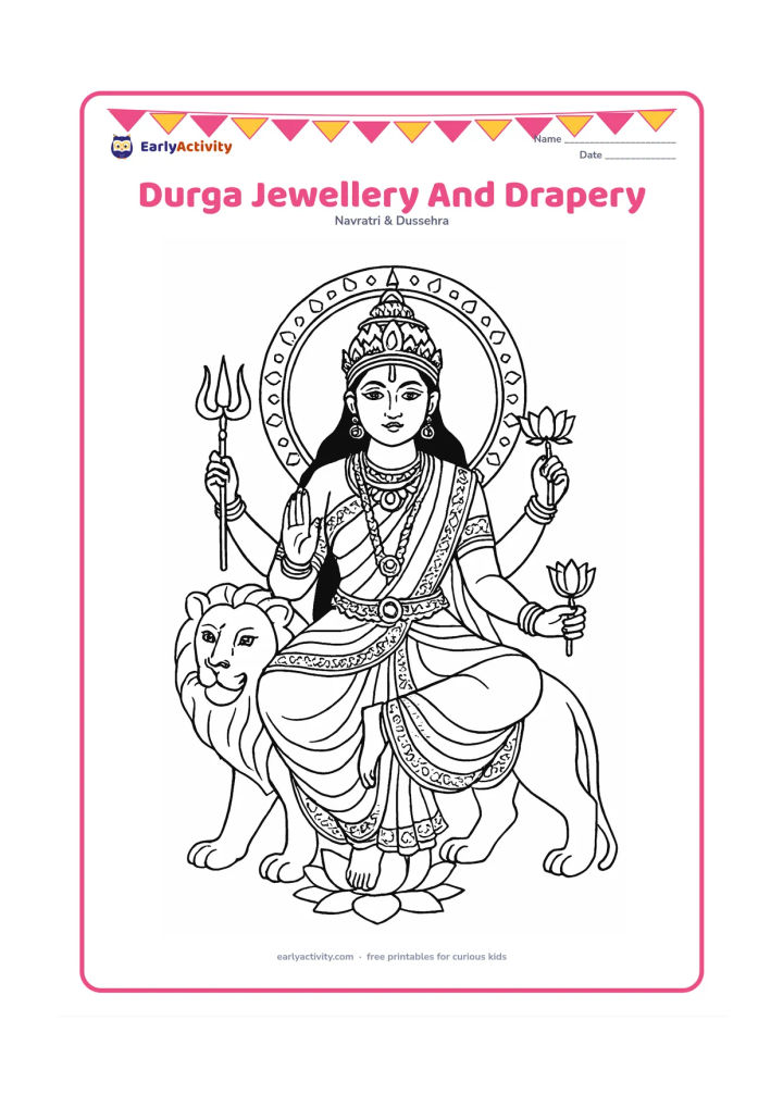 Colouring page: Show a graceful seated Durga figure with her lion, focusing on detailed sari borders, layered jewellery, crown ornaments, lotus flowers, and a decorated halo. Keep the pose calm and the…