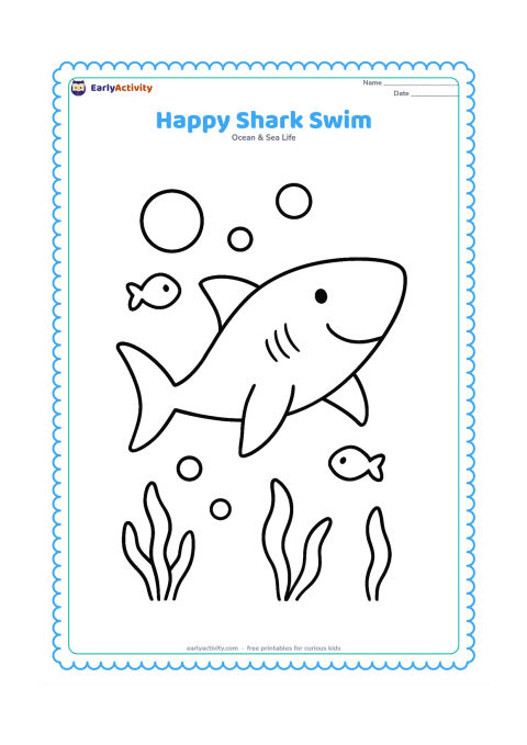 Colouring page: A friendly shark swims side-on through open water with large bubbles, two small fish and a few seaweed leaves around it. Keep the shark's body and fins as large, open areas.