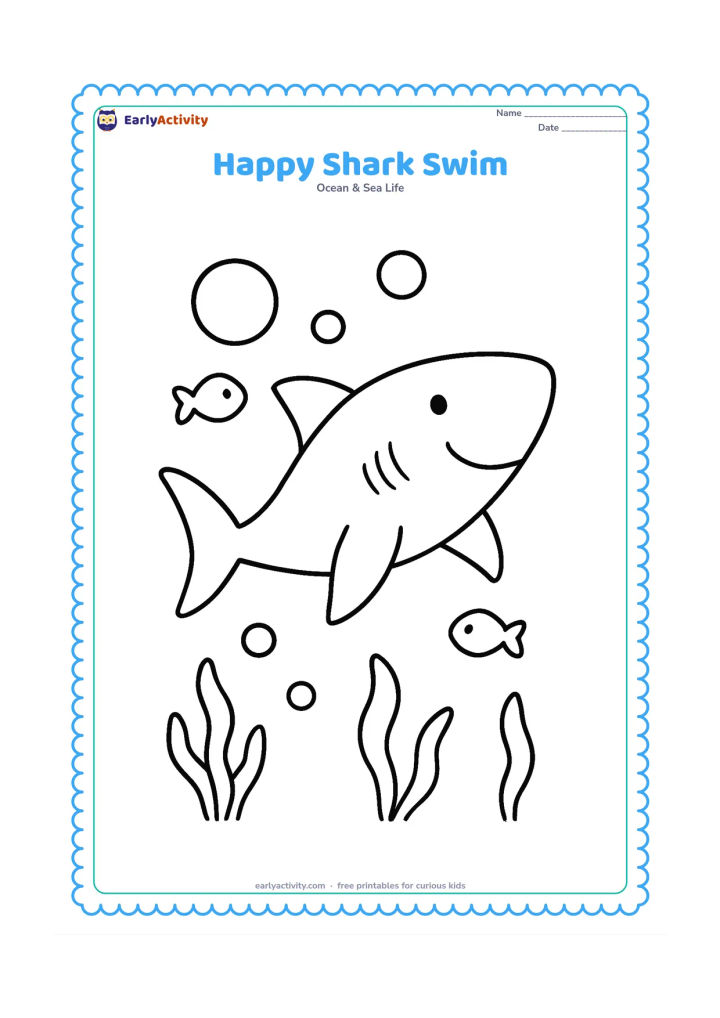 Colouring page: A friendly shark swims side-on through open water with large bubbles, two small fish and a few seaweed leaves around it. Keep the shark's body and fins as large, open areas.