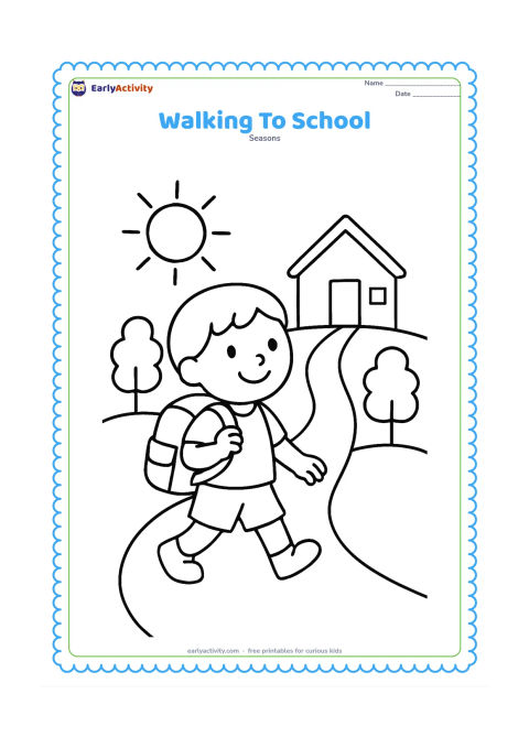 Colouring page: A young child walks happily toward a small school building while carrying a school bag. Include a simple path, two trees and a bright sun, with no signs or writing on the building.