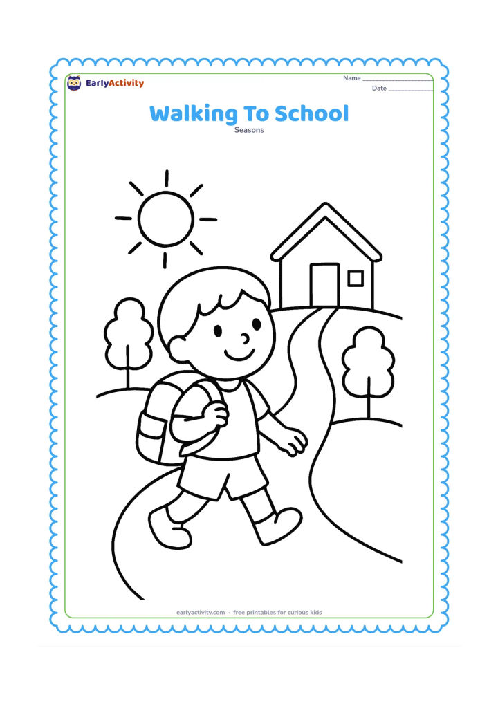 Colouring page: A young child walks happily toward a small school building while carrying a school bag. Include a simple path, two trees and a bright sun, with no signs or writing on the building.