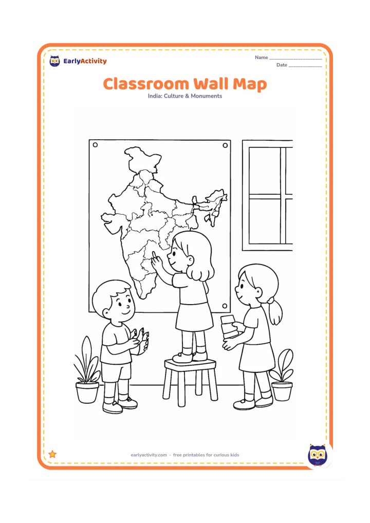 Colouring page: Show children working together to colour a large India map pinned to a classroom wall, with one child on a small stool, another holding crayons, and a third arranging blank colour…